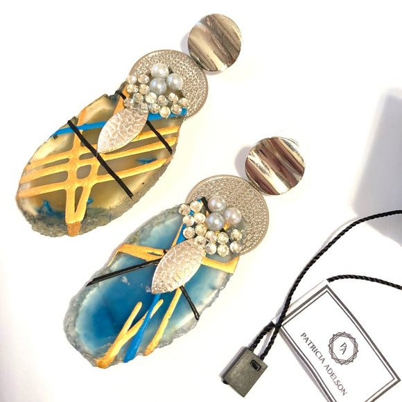 Gold Plated Bangle + Earrings BLUE Agate - Picture 4 of 6